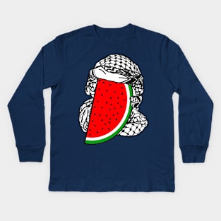 Free Palestine Watermelon Keffiyeh - Wrapped - Back Kids Long Sleeve T-Shirt